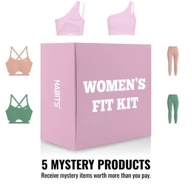 Pink box labeled 'Women's Fit Kit' with sports bras and leggings on a white background