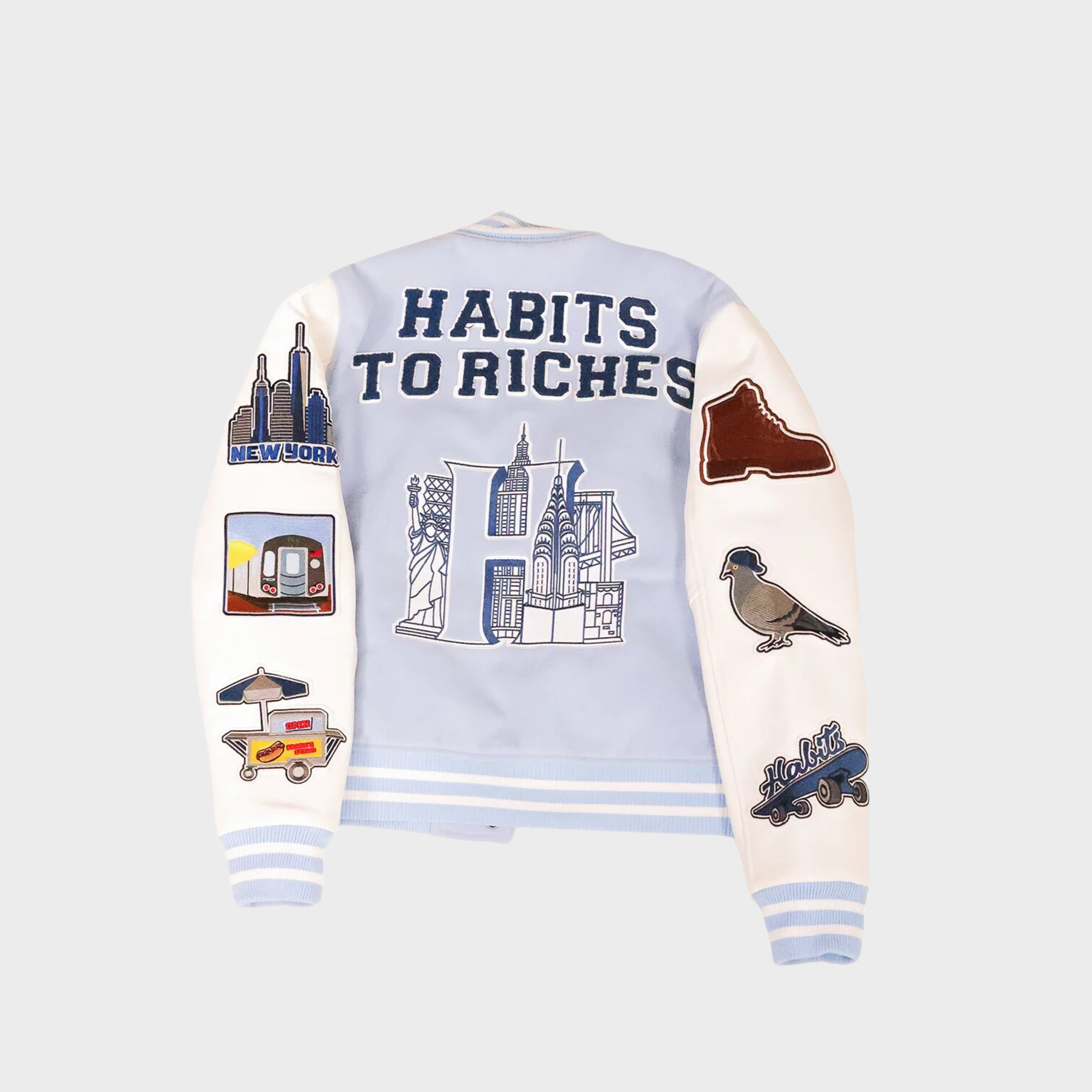 EXCLUSIVE: Light Blue Habits to Riches Varsity Jacket