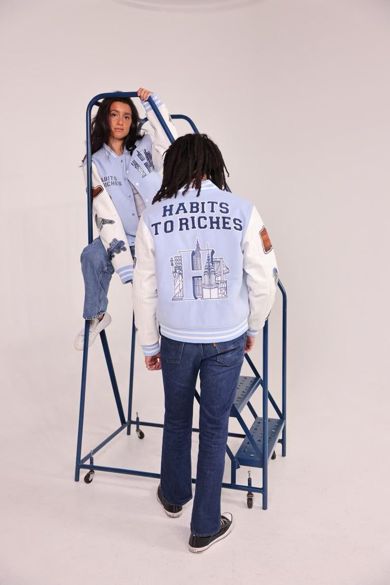 EXCLUSIVE: Light Blue Habits to Riches Varsity Jacket